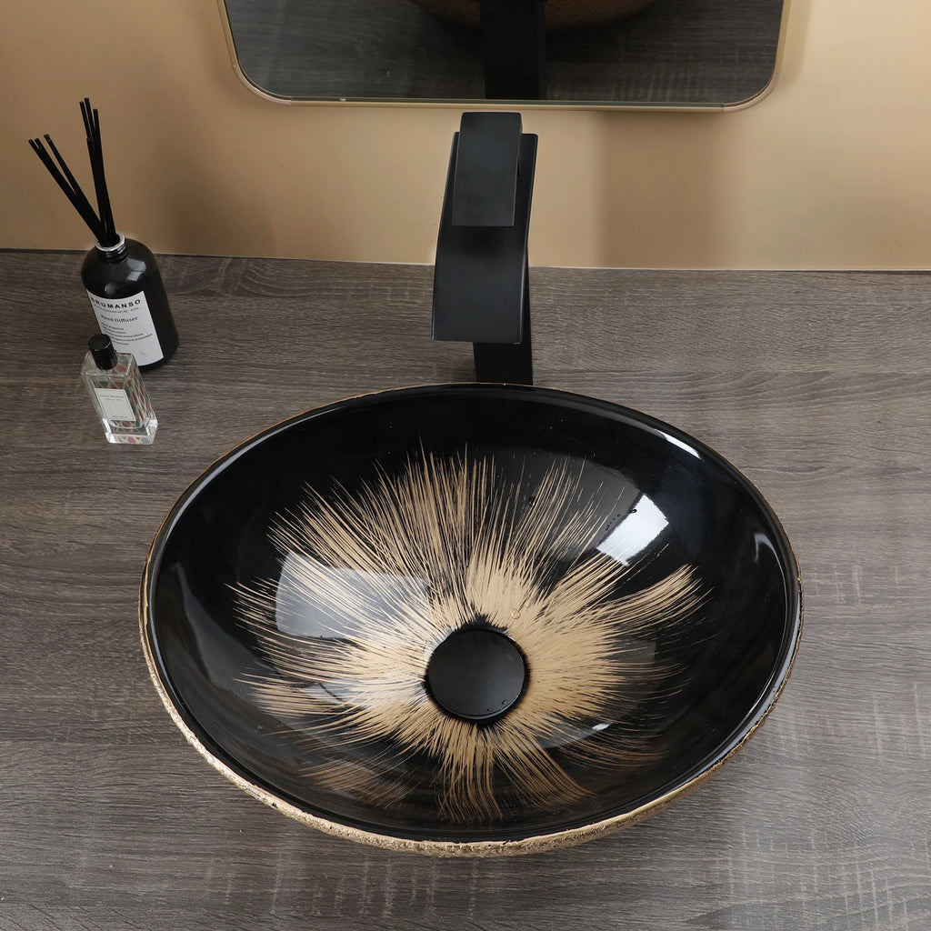 Oval Ceramic Vessel Sink w/Faucet & Unique Marbling