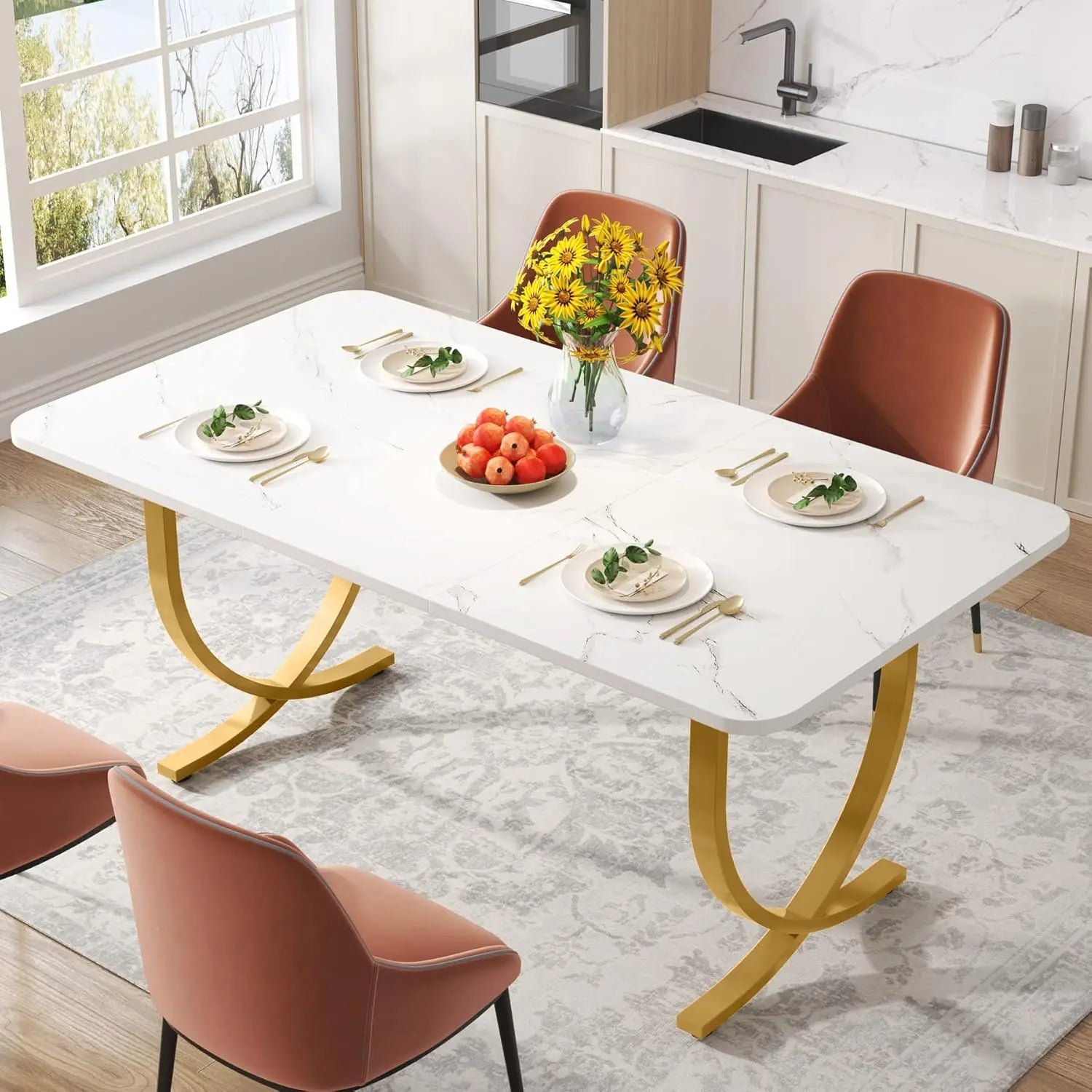 Rectangular Faux Marble Dining Table for 4 to 6
