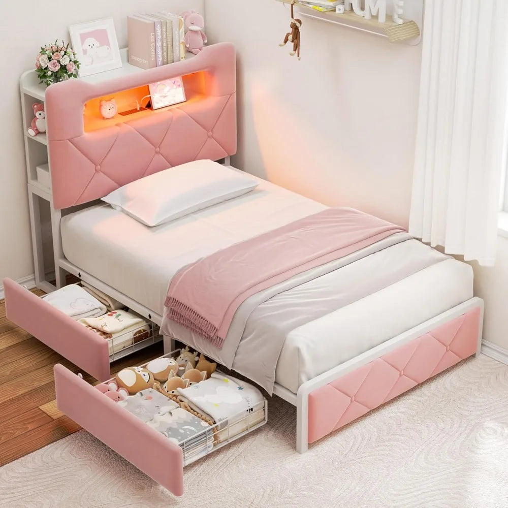 LED Twin Size Bed Frame w/2 Storage Drawers & 2-Tier Storage Bookcase Headboard