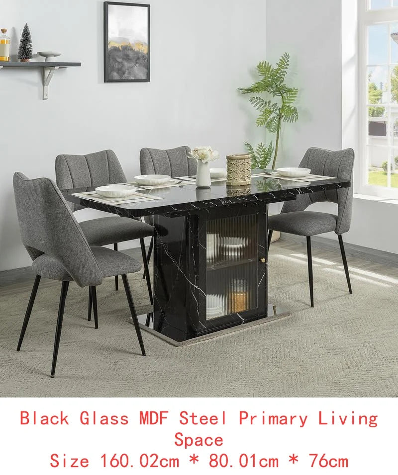 Expandable Square Dining Table with Printed White Marble Top and Storage Cabinet