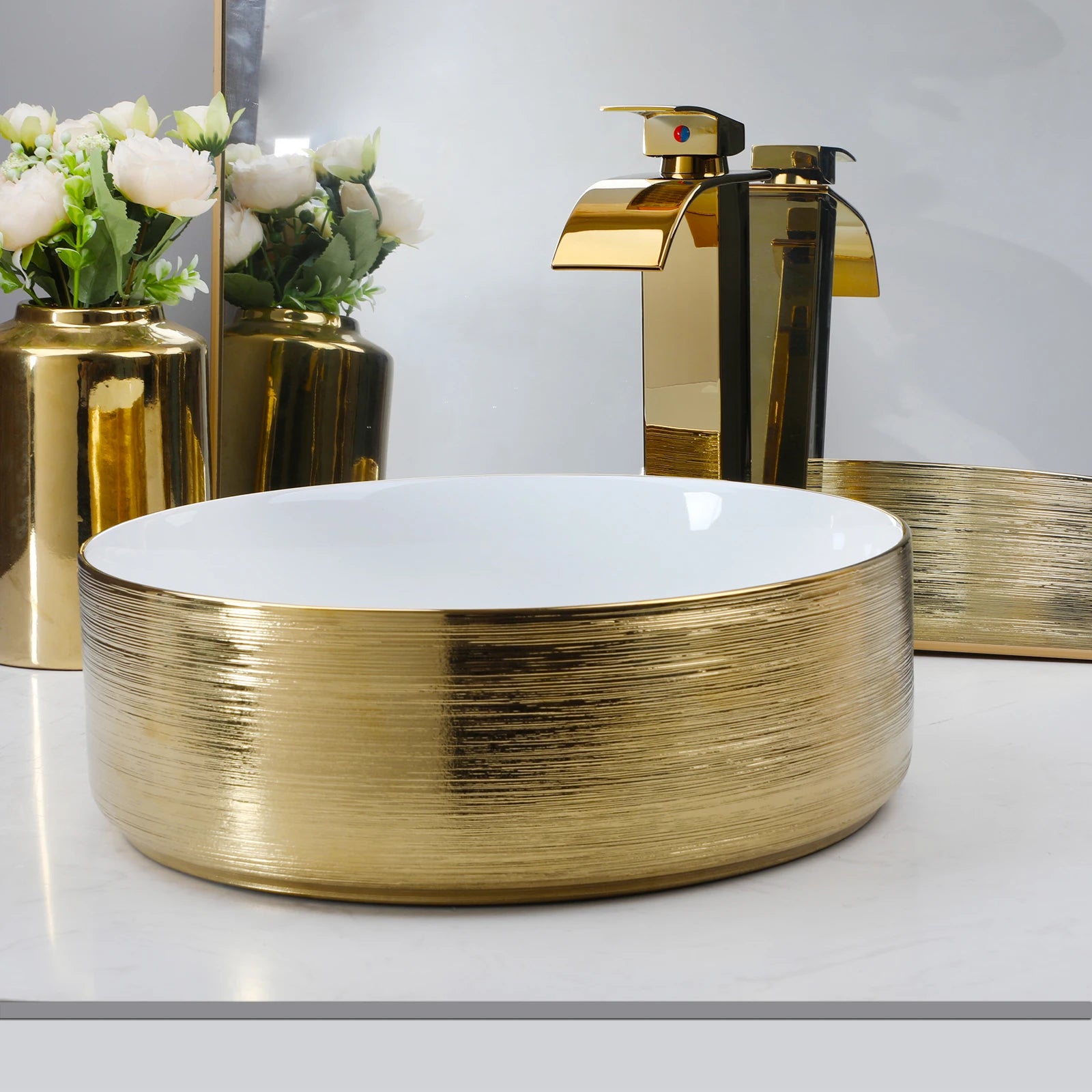Gold Round Vessel Sink with Faucet (13.6x11.6”)