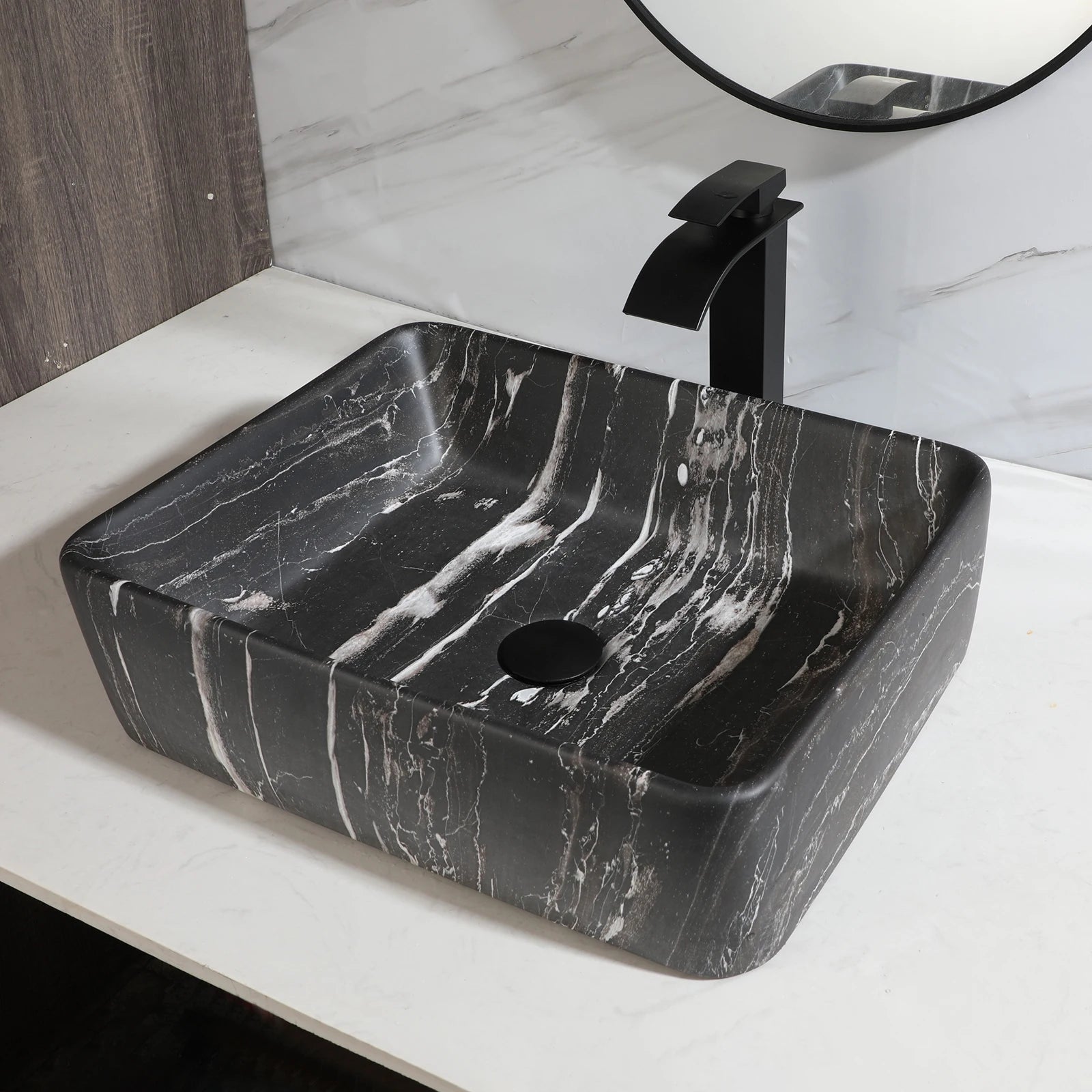 Imitation Marble Style Sink Set Ceramic Basin w/Black Sink Faucets