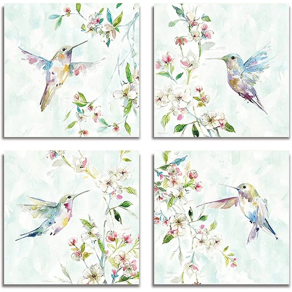 Hummingbird Spring Flowers Framed Canvas Wall Art (4 Panels Set)