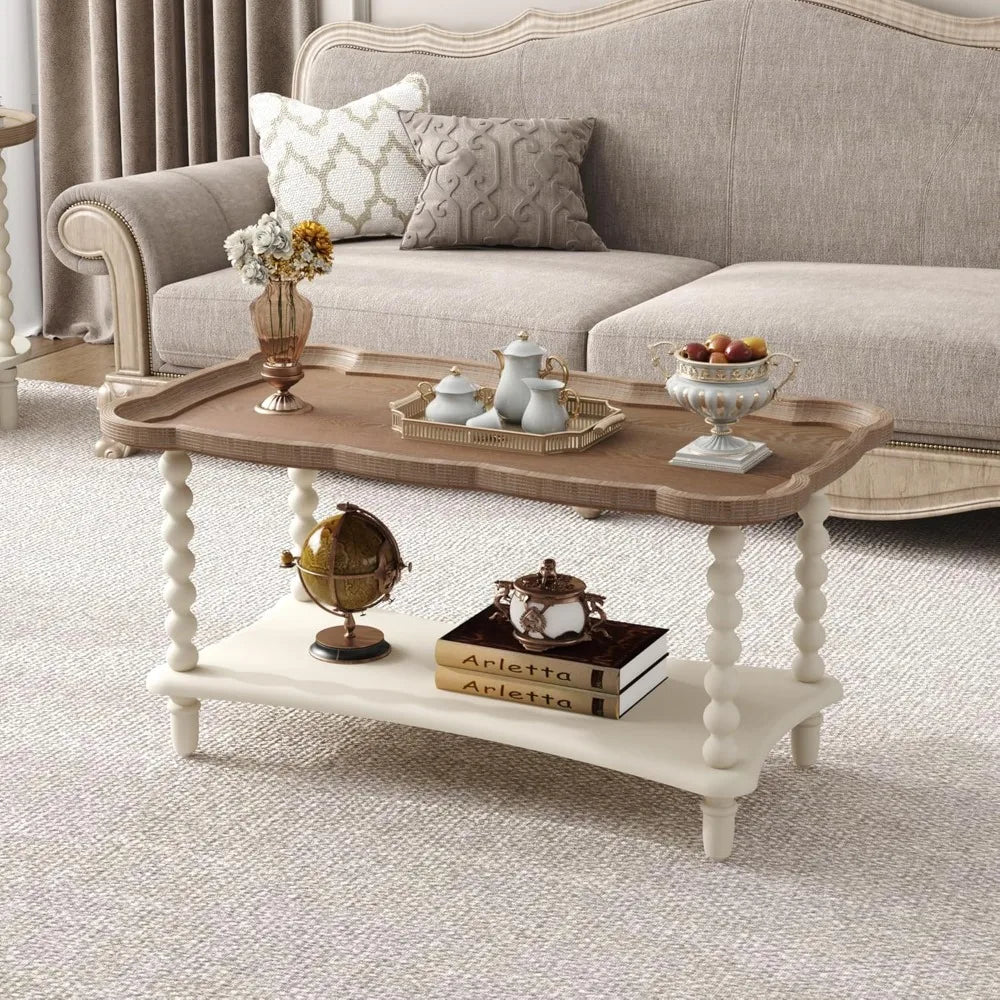Rustic White French-Style Farmhouse Coffee Table with Storage Shelf for Living Room