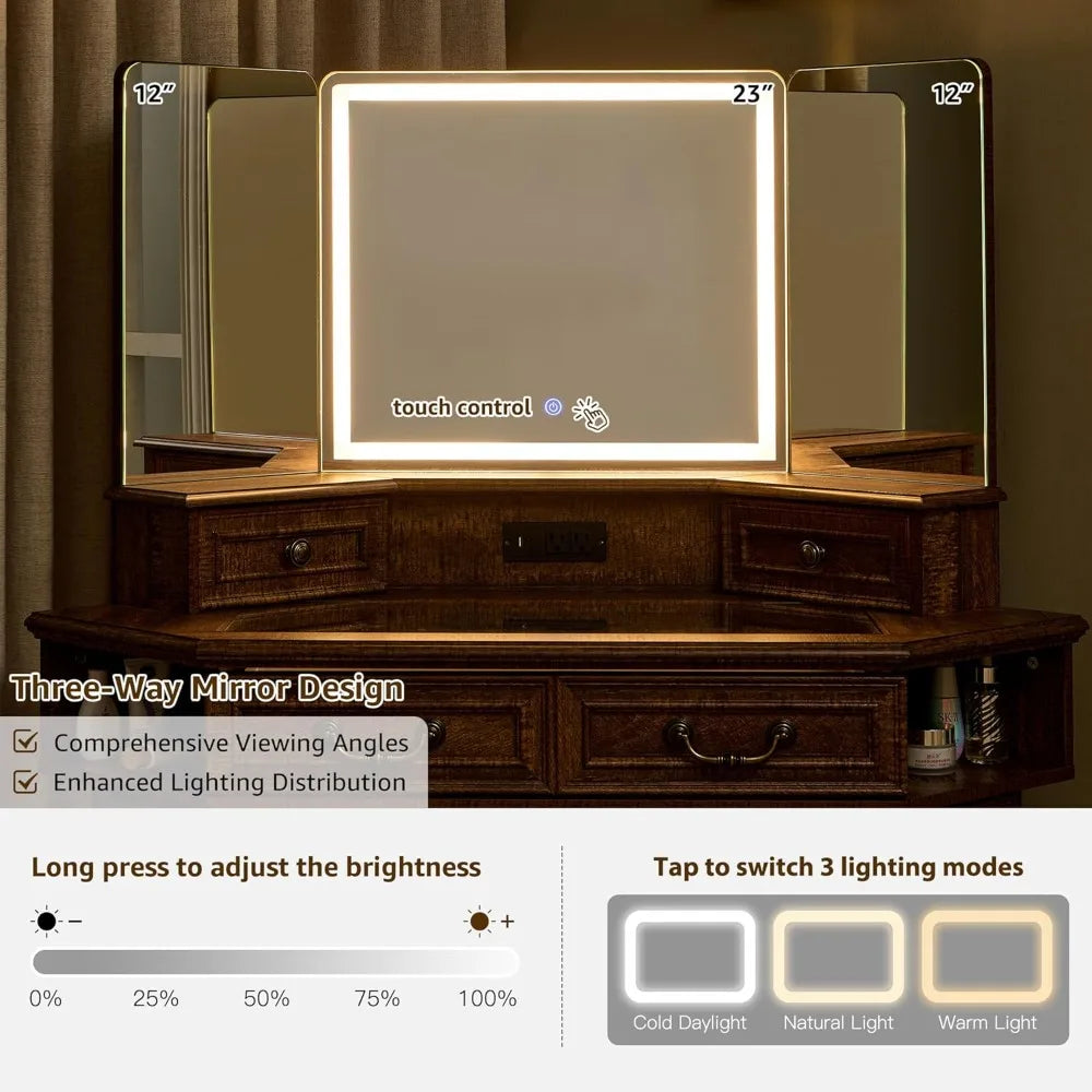 Large Farmhouse Corner Makeup Vanity Desk 48" with 3 Way Mirror and Lights