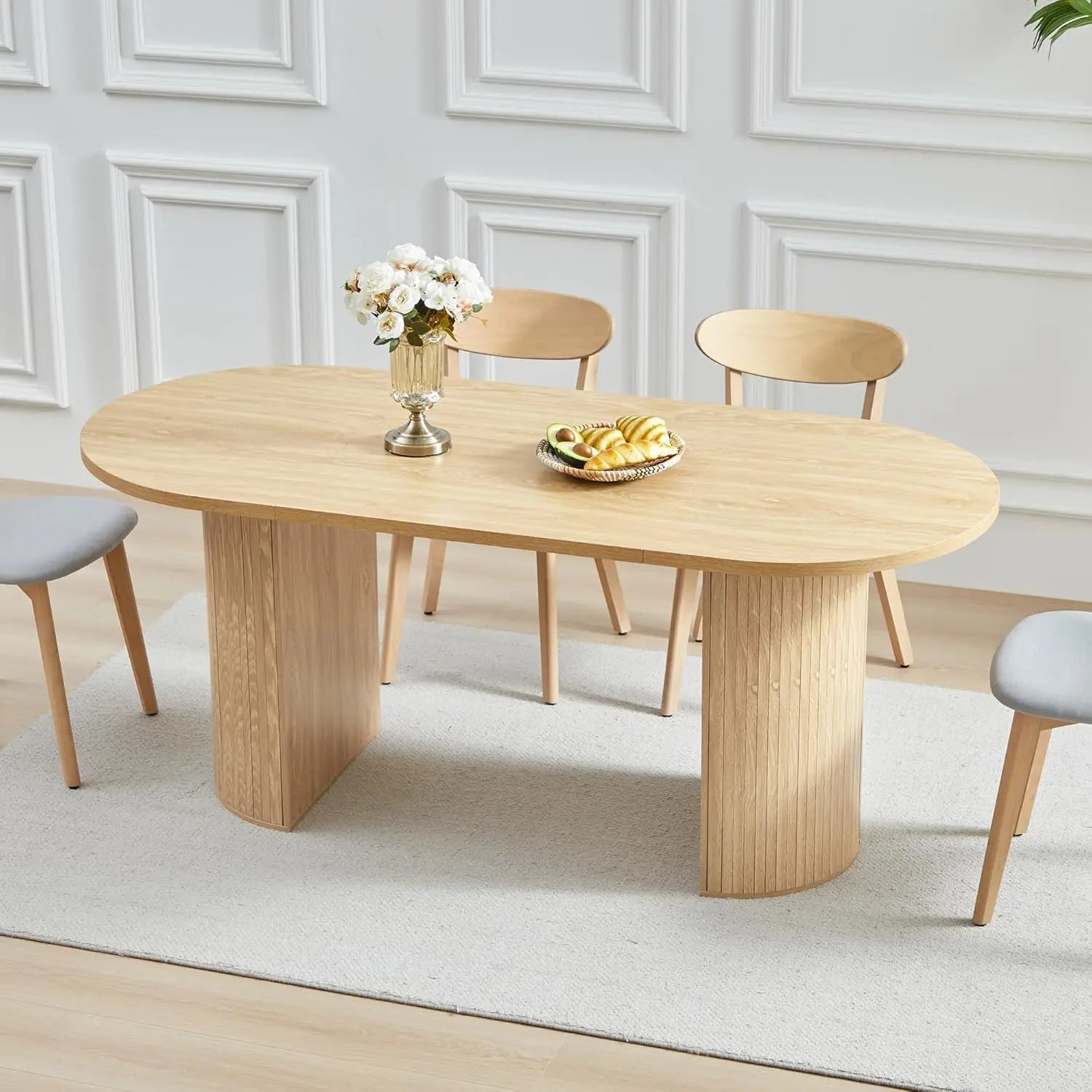 Oval Kitchen Dining Table for 4-6 People with Wood Strip Base