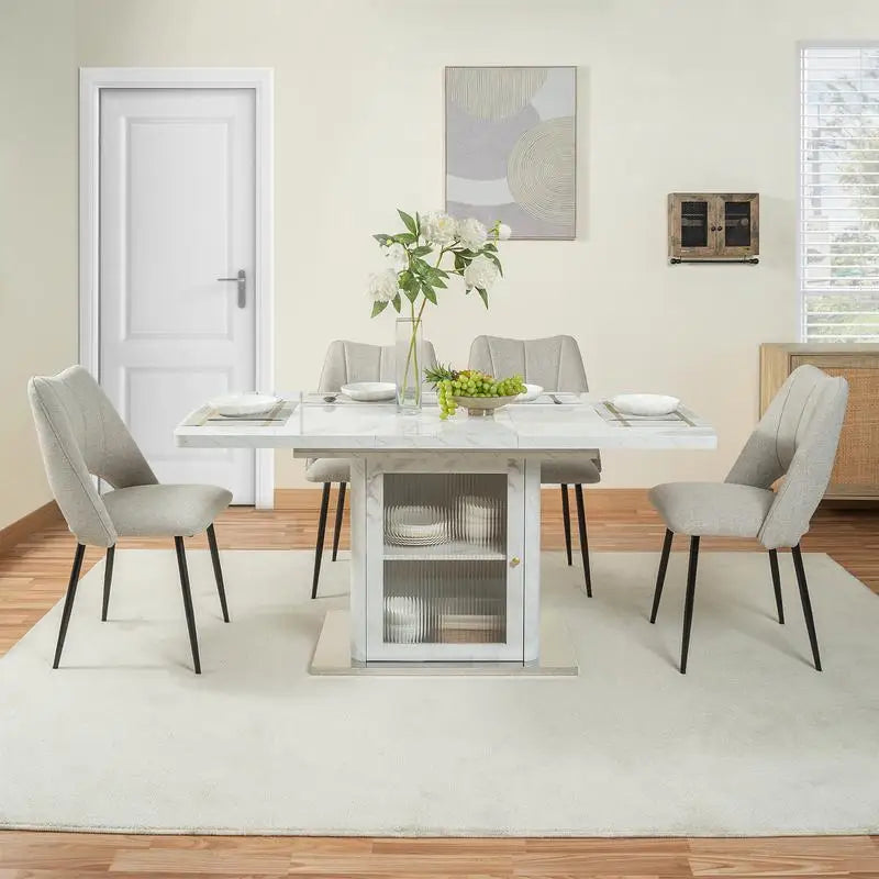 Expandable Square Dining Table with Printed White Marble Top and Storage Cabinet