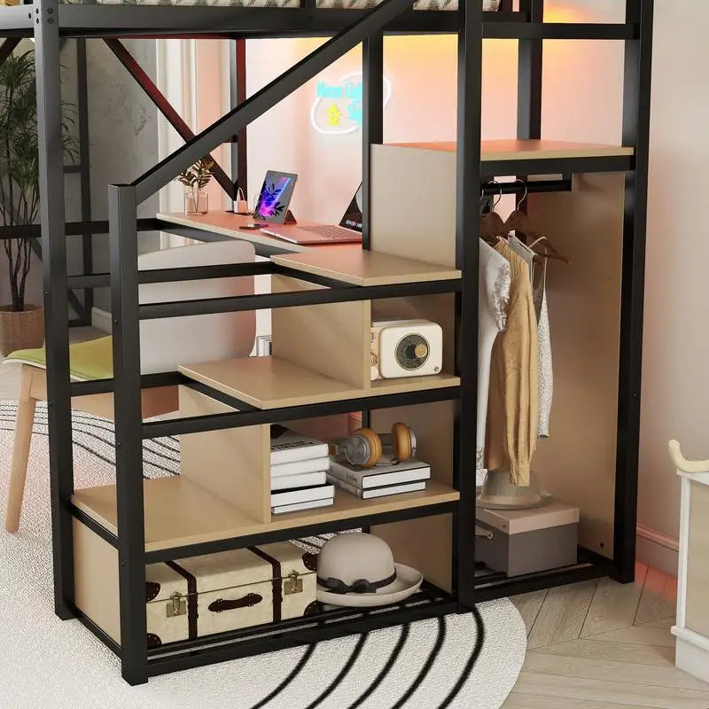 Full Size Metal Loft Bed with Stairs