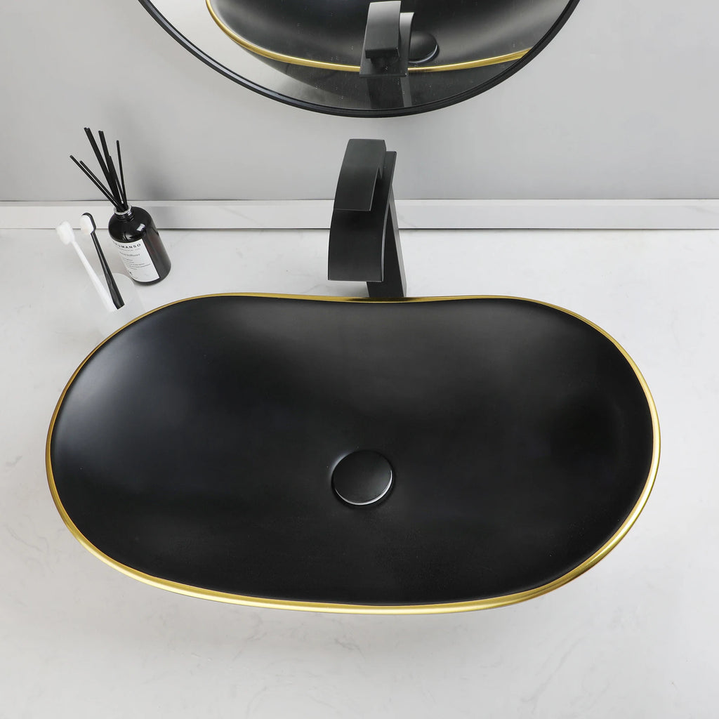 KEMAIDI Black Bathroom Sink with Gold Trim Oval Porcelain Vessel Sink with Faucet Drain Combo Above Counter Wash Basin Sink Bowl