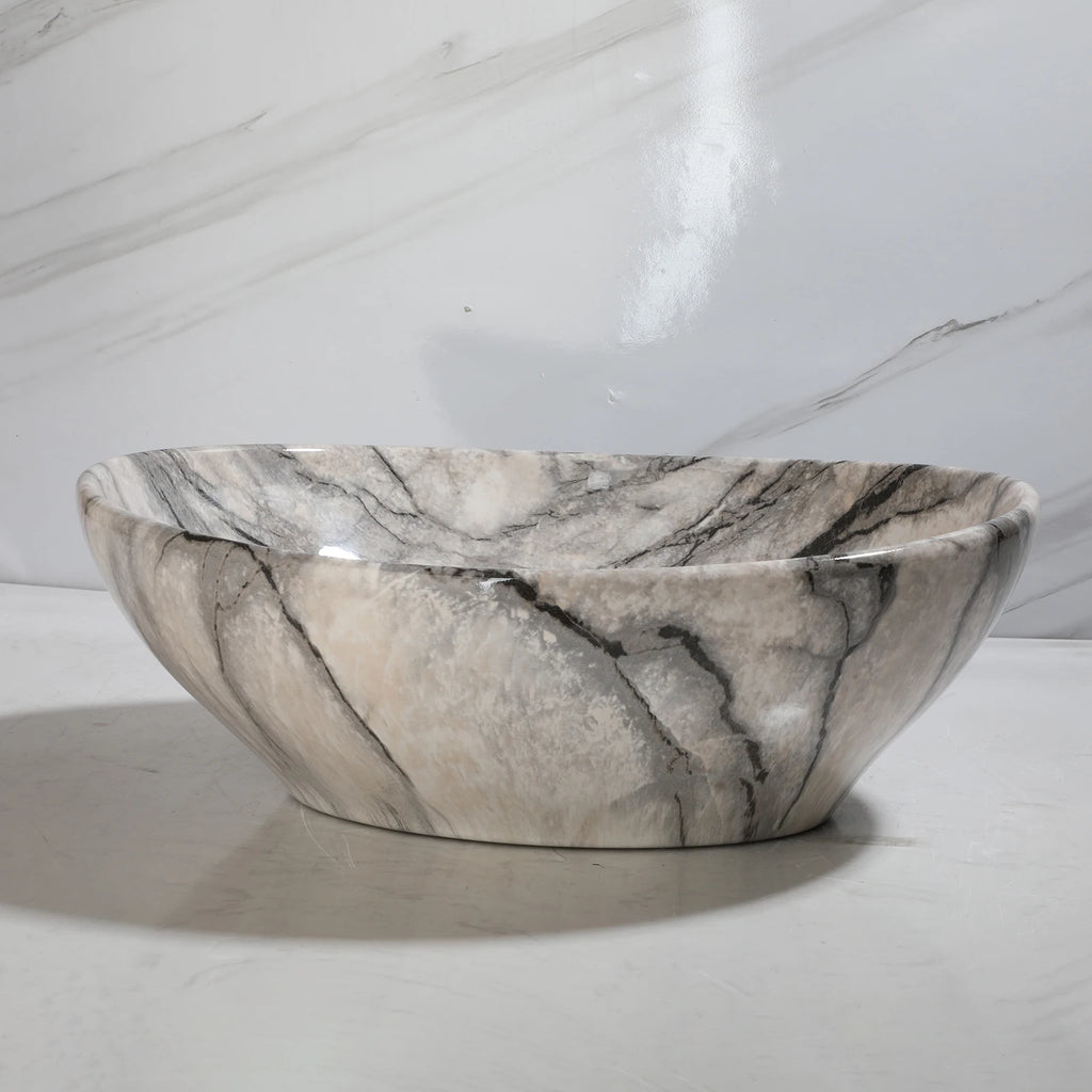 Marbling Oval Vessel Sink Bathroom Ceramic Sink Above Counter Porcelain Basin Bowl