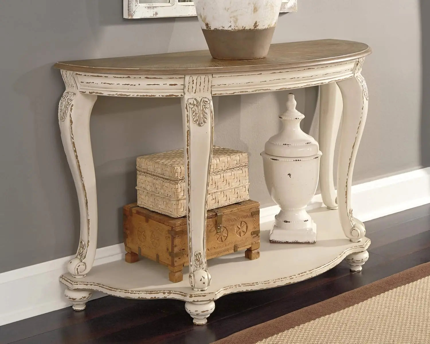 French Country Semi-Circle Console Table, White & Brown