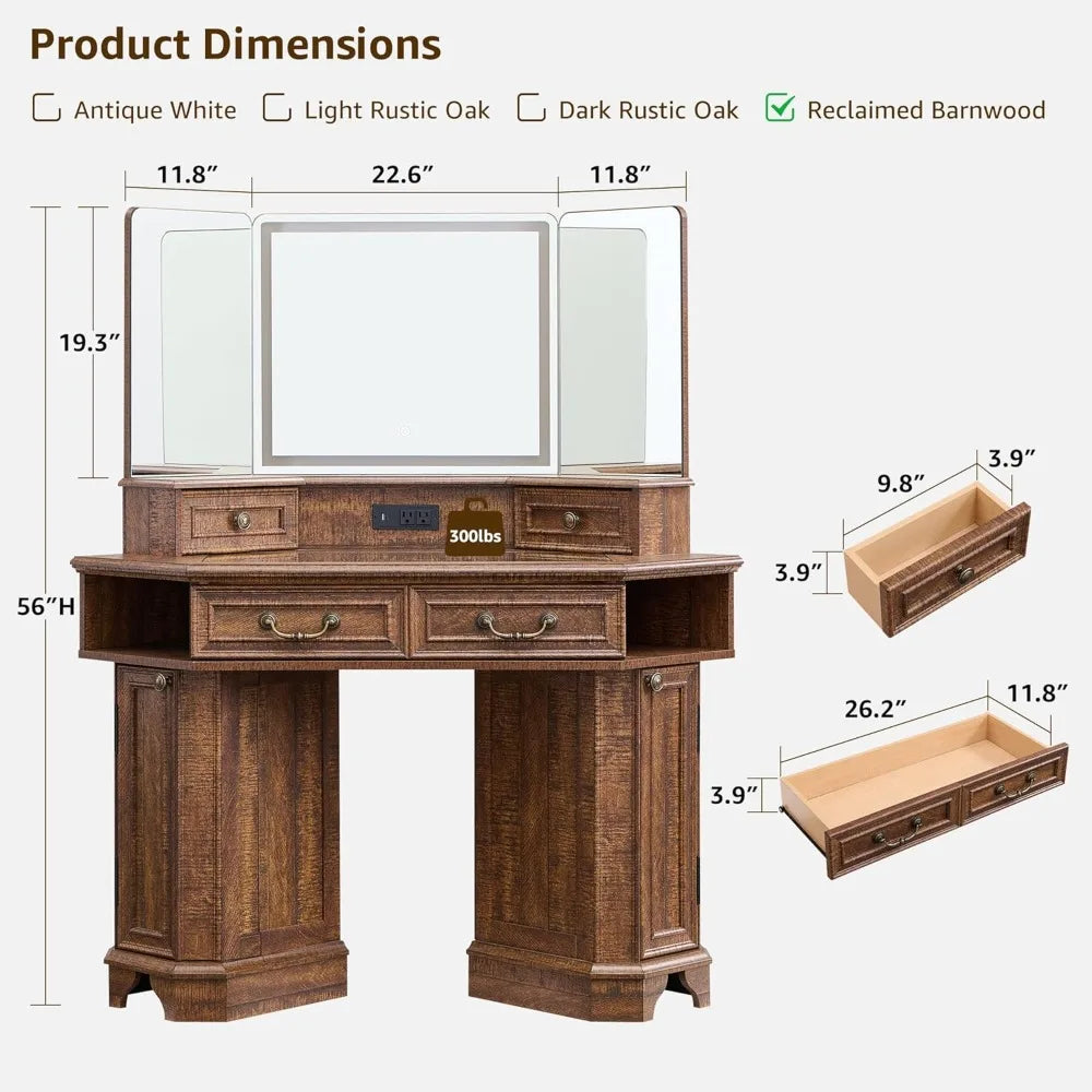 Large Farmhouse Corner Makeup Vanity Desk 48" with 3 Way Mirror and Lights