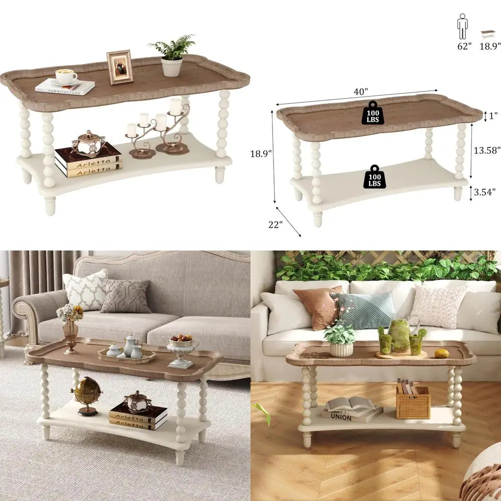 Rustic White French-Style Farmhouse Coffee Table with Storage Shelf for Living Room