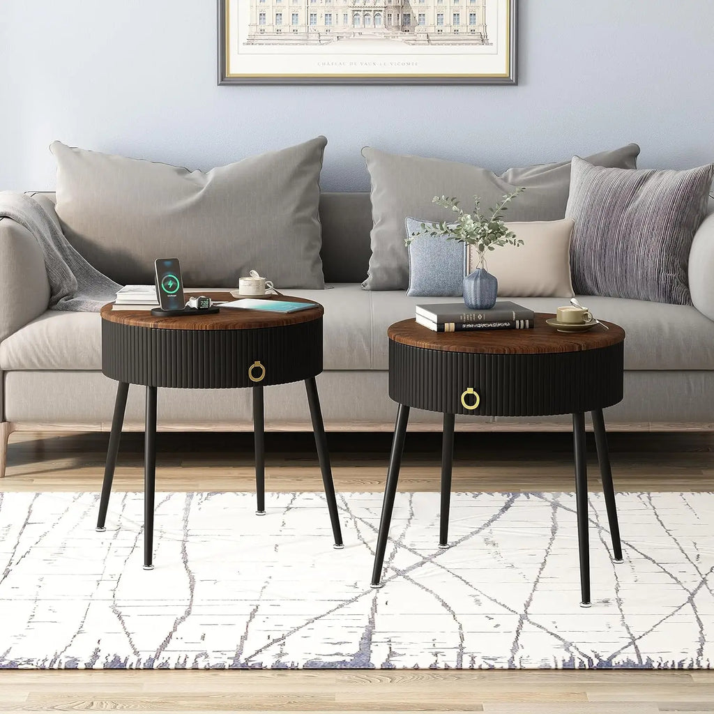Side Tables Set of 2, Round Nightstand with Drawer, Modern End Tables
