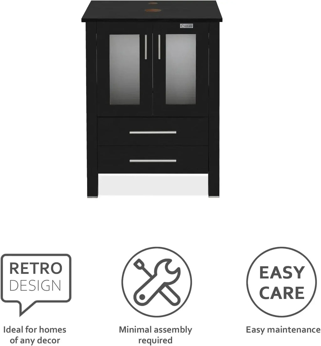 Vanity Sink Combo Black Stand Cabinet with Blue Boat Tempered Glass Vessel Sink w/Faucet