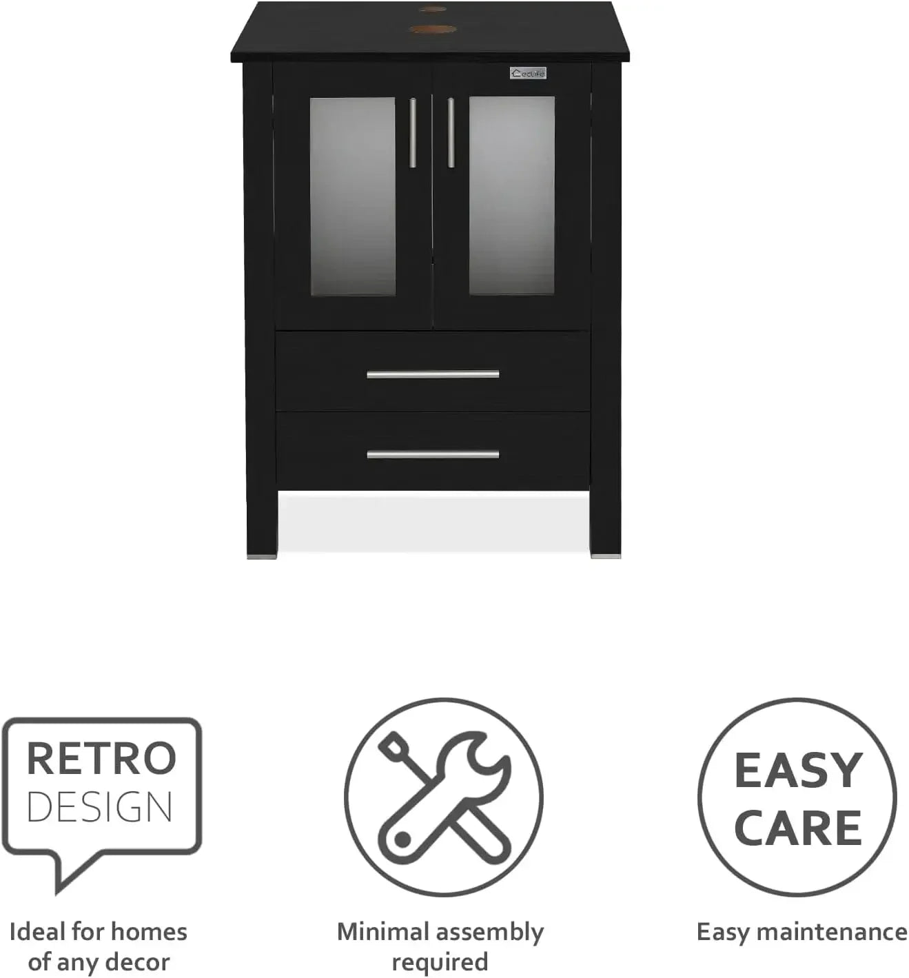 Vanity Sink Combo Black Stand Cabinet with Blue Boat Tempered Glass Vessel Sink w/Faucet