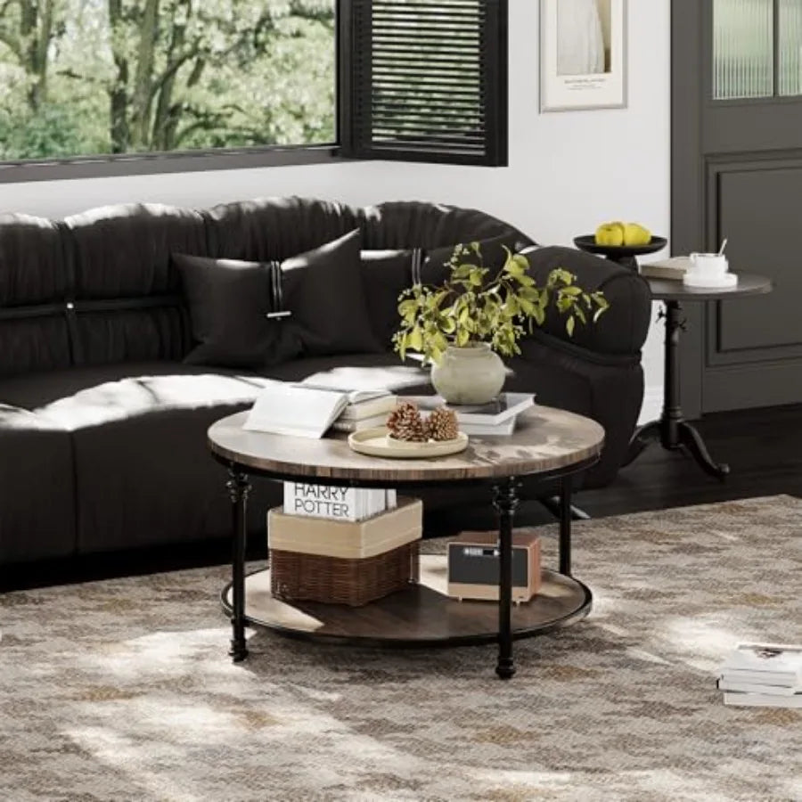 Round Coffee Table 30.3 with 2Tier Rustic Wood Desktop and Hidden Storage Shelf Modern Metal Roman Legs Design for Living Room