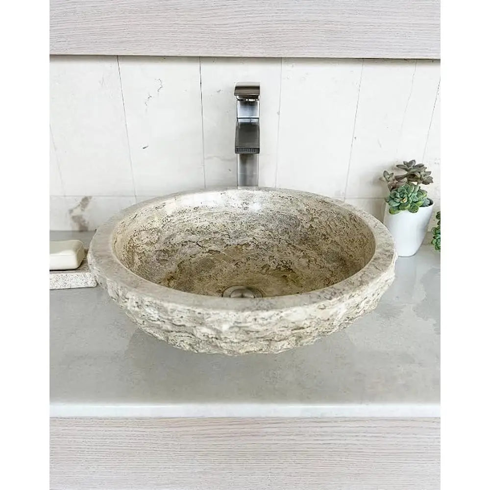 Circle Bowl Chiseled Bathroom Vessel Sink Round Shape Polished Interior Hand Carved Marble Stone 16" with Free Soap Dish