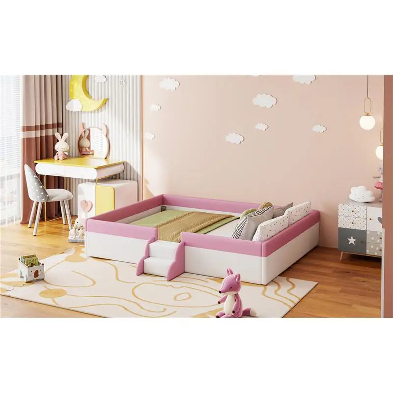 King Size Upholstered Daybed Frame with Fence & Stairs