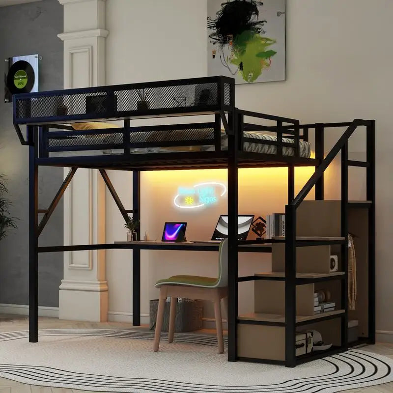 Full Size Metal Loft Bed with Stairs