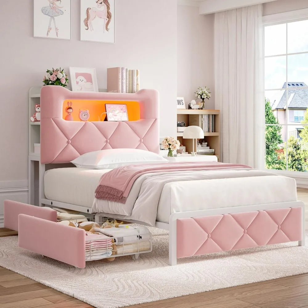 LED Twin Size Bed Frame w/2 Storage Drawers & 2-Tier Storage Bookcase Headboard