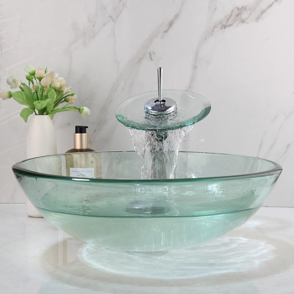 Round Tempered Clear Green Glass Vessel Bathroom Sink