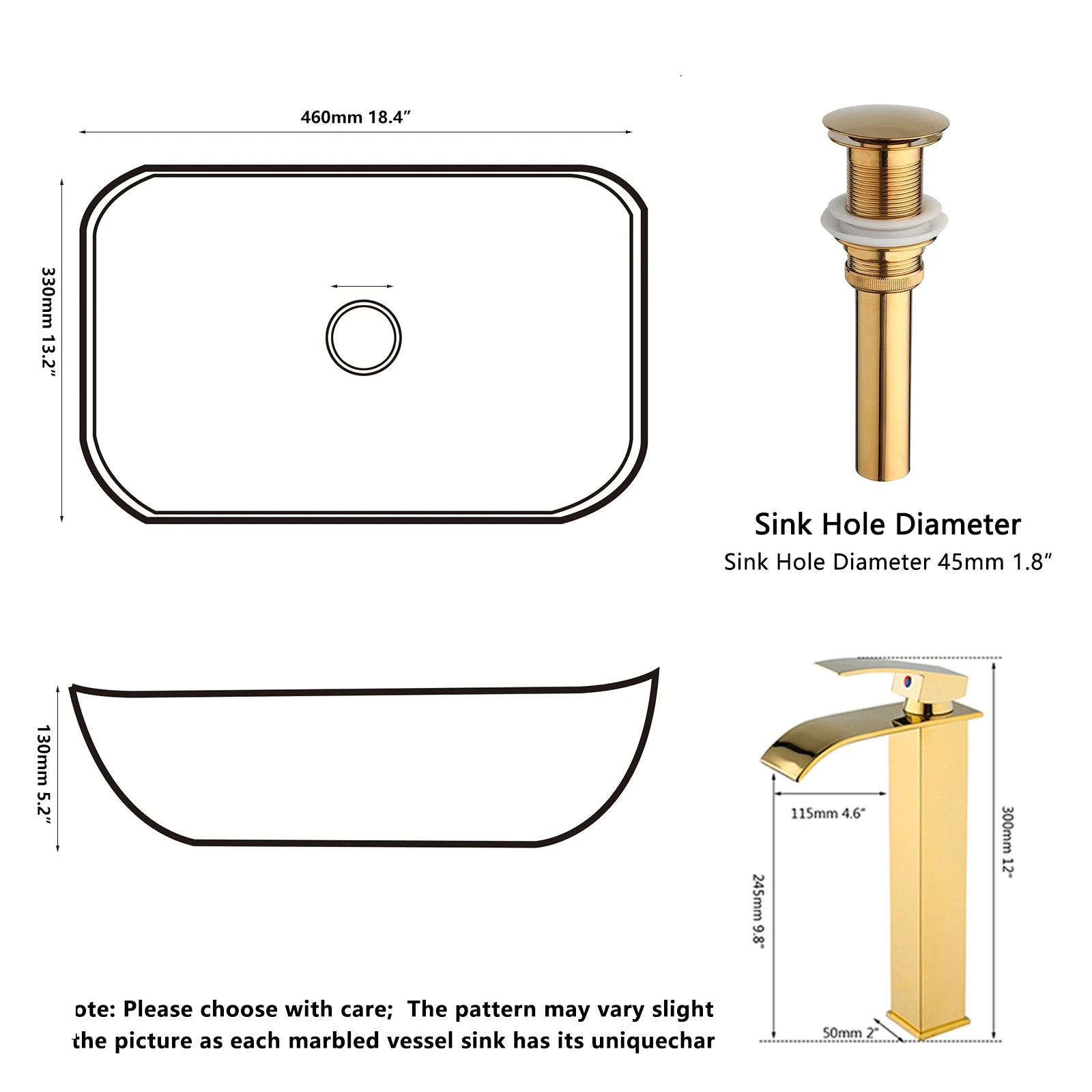 Gold&White Ceramic Vessel Sink Above Counter with Faucet and Drain Combo