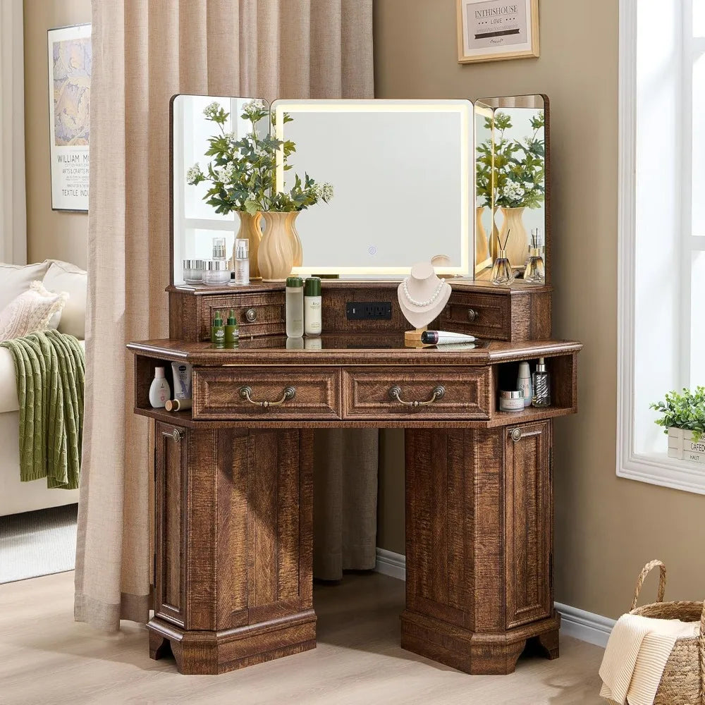Large Farmhouse Corner Makeup Vanity Desk 48" with 3 Way Mirror and Lights