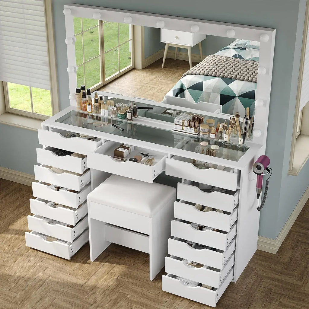 Vanity Desk with Mirror and Lights, Makeup Table with Charging Station