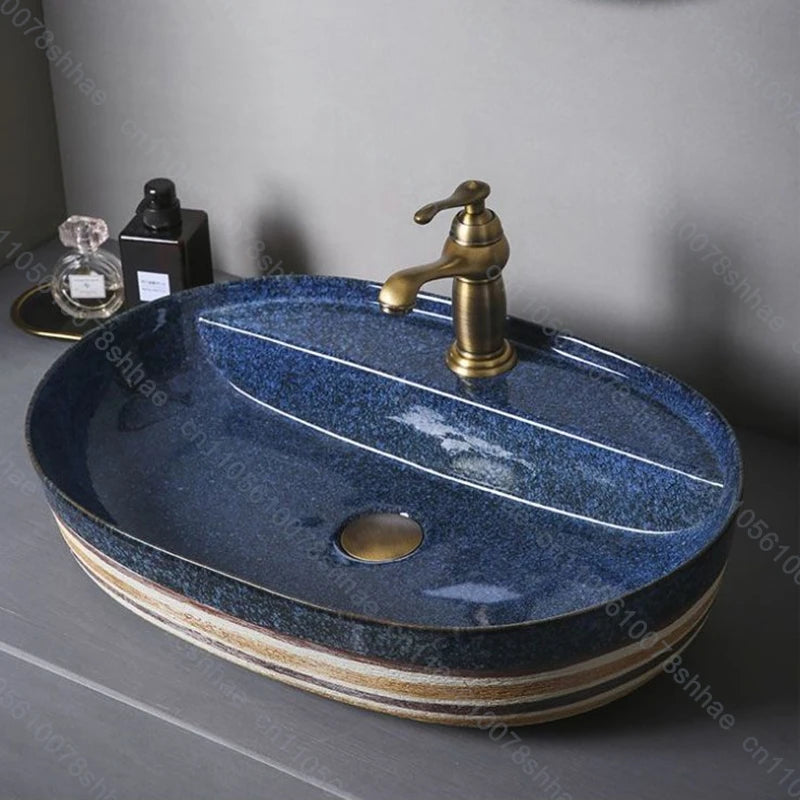 Vintage Ceramic Vessel Sink Oval Bathroom Art Countertop Basin